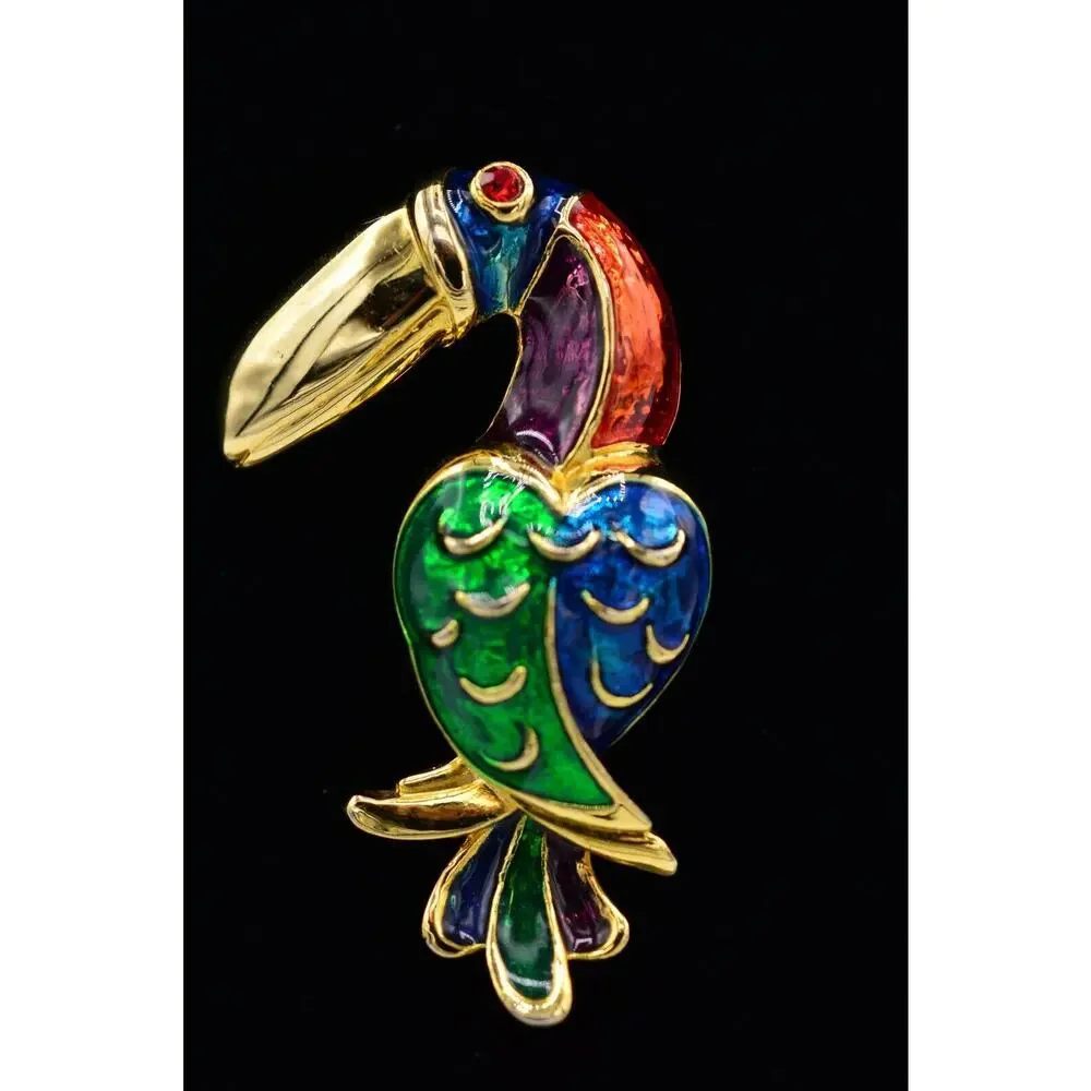 Vintage Toucan Pin Brooch Gold Bird Multi-Color Enamel Red Rhinestone 1980s 9B